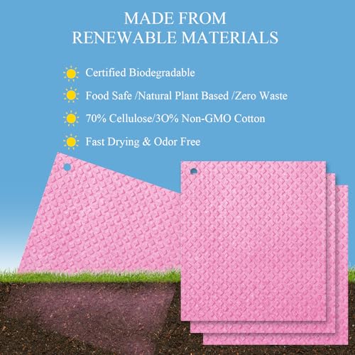 6 Packs Swedish Kitchen Dish Cloths - Reusable Paper Towels for Counters & Dishes - Eco-Friendly Cellulose Sponge Cloth (Pink) - color: P-pink