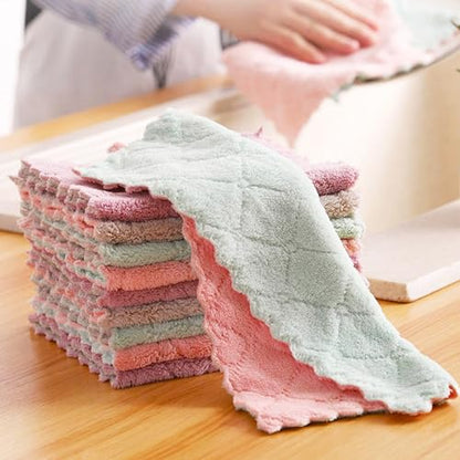 8 Pack Double-Layer Microfiber Cleaning Cloths - Coral Fleece Absorbent Dishcloths & Scouring Rags, Reusable & Washable Kitchen Towels, Pink & Green