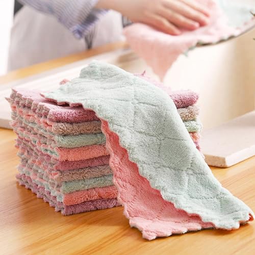 8 Pack Double-Layer Microfiber Cleaning Cloths - Coral Fleece Absorbent Dishcloths & Scouring Rags, Reusable & Washable Kitchen Towels, Pink & Green