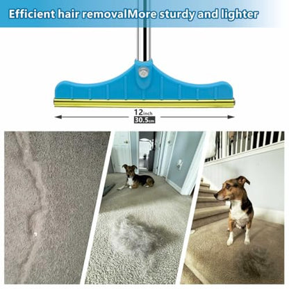Premium Stainless Steel Pet Hair Removal Carpet Rake | Reusable Adjustable Pet Fur De-Shedding Tool for Carpets, Rugs, Upholstery & Auto Mats | Long Extendable Handle, Heavy-Duty Construction (Blue) - color: Blue