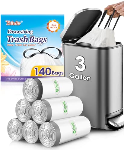3 Gallon Small 140 Counts Strong Drawstring Trash Bags Garbage Bags by Teivio, Bathroom Trash Can Bin Liners, Plastic Bags for home office kitchen, White - style: 140-3 Gallon-white