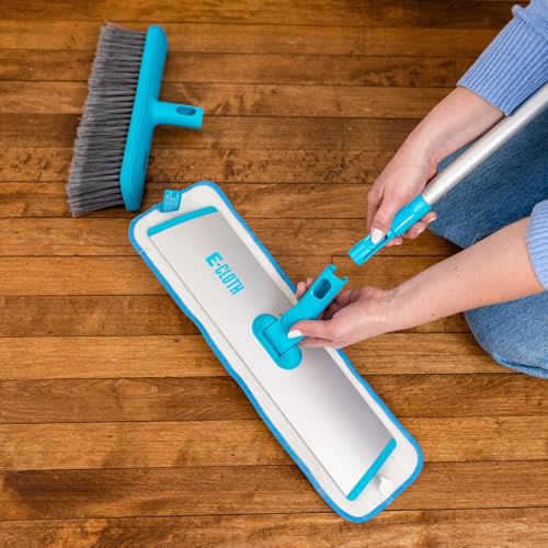 E-Cloth Easy-Click Home Cleaning Supplies Set - Dust Broom & Flat Mop Kit for Floor Cleaning, Wall, Ceiling, & Floor Duster, Adjustable Handle, Interchangeable Heads, Washable Pads, No Refills Needed