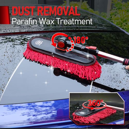Car Duster Exterior Scratch Free - Wax Treated Cotton Auto Dusting Brush with Extendable Handle (27-36'') - Waterless Pollen Remover for Car, SUV, Truck & RV (Lint Free Design) - color: Red5