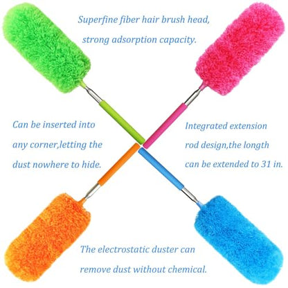 4 Pcs Washable Microfiber Feather Duster, with Extendable Pole and Bendable Head, Microfibre Cleaning Tool for Cleaning Office, Car, Computer, Furniture, Sofa, Blue,green,orange,red