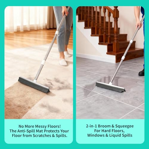 Carpet Rake for Pet Hair Removal, Adjustable Rubber Broom with Squeegee, 4-Piece Pet Hair Remover Kit with Gloves & Scraper for Dog & Cat Hair, Rugs, Couch, Car Seats