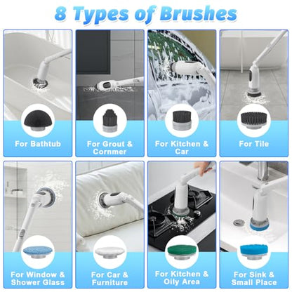 Electric Spin Scrubber, Cordless Shower Scrubber with Adjustable Long Handle, 3 Speeds with IPX7 Bathroom Scrubber, 8 Brush Heads, Electric Cleaning Brush for Bathroom/Kitchen/Bathtub/Crack/Floor/Tile