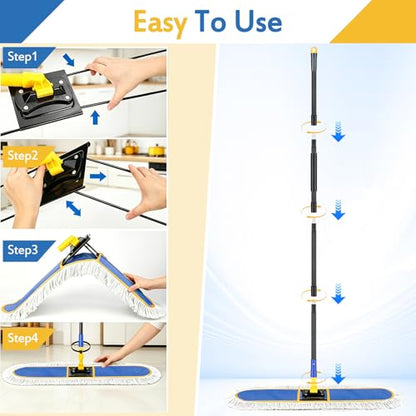 SOBONNE 24" Large Commercial Dust Mop for Floor Cleaning | Heavy Duty Floor Duster,Wet Dry Use,2 Washable Cotton Pads,60" Long Handle for Hardwood Marble Tile Concrete,Blue