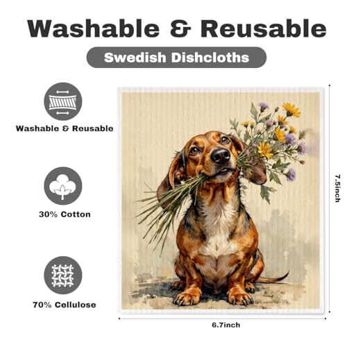 5 Pcs Cute Dachshund & Flower Swedish Dishcloths, Puppy Themed Swedish Dishcloth, Artistic Dish Cloths for Drying Dishes, Reusable Cleaning Cloths, Housewarming Gifts for Women - color: Lm 04242