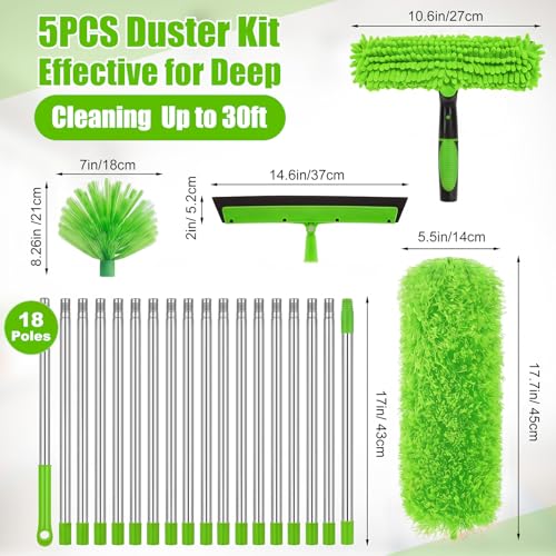 30 Feet High Reach Duster Kit with 2-24 ft Extension Pole High Ceiling Dusting and Window Cleaning Kit with Window Washer & Squeegee, Cobweb Duster, Washable Head for Ceiling Fan(Green) - color: Green, size: 30 ft