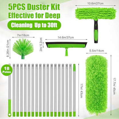 30 Feet High Reach Duster Kit with 2-24 ft Extension Pole High Ceiling Dusting and Window Cleaning Kit with Window Washer & Squeegee, Cobweb Duster, Washable Head for Ceiling Fan(Green) - color: Green, size: 30 ft