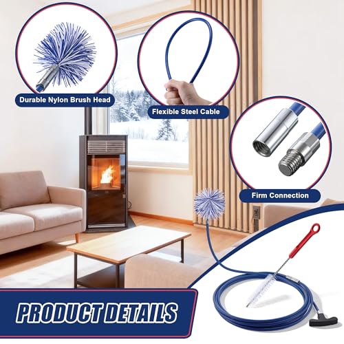Dreyoo Pellet Stove Cleaning Brush Kit, 20 FT Flexible Steel Rod with 4" Brush Head, T Handle, Multi Purpose Flue Detail Cleaner, Nylon Stove Flue Pipe Kit for Pellet Furnace Exhaust Pipes - size: 20FT with 4" Brush Head