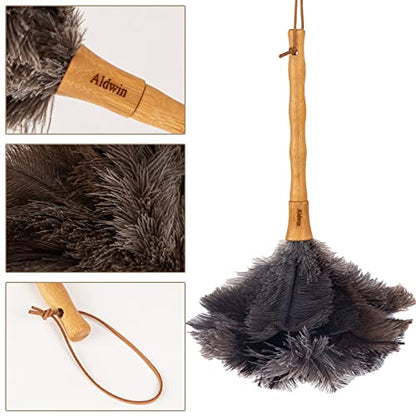 Aldwin Ostrich Feather Duster, 16 inch Ostrich Feather Duster with Wood Handle Reusable, Fluffy Natural Genuine Handheld Feather Duster for Cleaning Supplies, Home, Car, Office - color: Gray