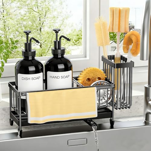 Kitchen Soap Dispenser Set with Sponge Holder and Towel Rack, 17OZ Glass Bottle, Hand and Dish Soap Dispenser Set, Non-Slip Silicone Pad, Brush Holder, Kitchen Sink Caddy Organizer Countertop (Black) - color: Black