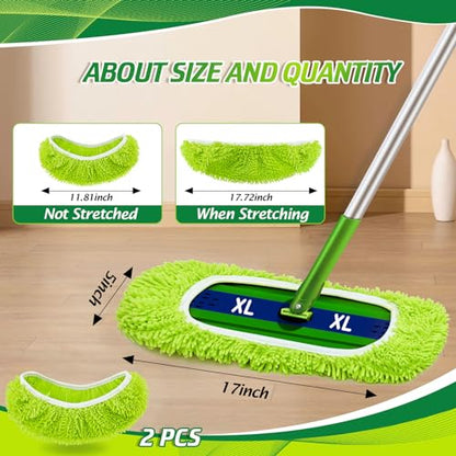 Toulite 2 Pcs Reusable Mop Refill Pads Replacement Compatible with Most XL Sweeper 17" x 5" Microfiber Mops Head Floor Cleaning Supplies (Handle is Not Included) (Green) - color: Green