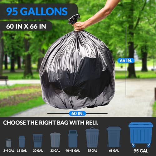 Reli. 95 Gallon Trash Bags Heavy Duty | 68 Trash Bags with Ties | Super Sizeable, Black, Serious Garbage Cleanup