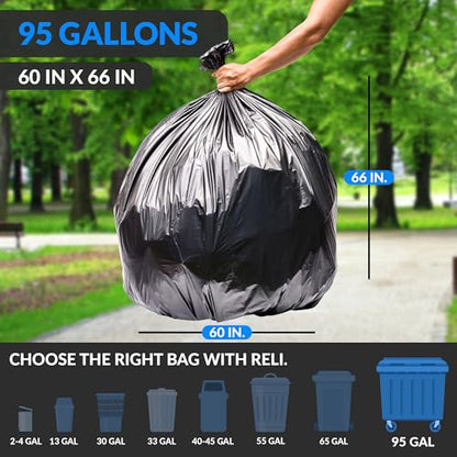 Reli. 95 Gallon Trash Bags Heavy Duty | 68 Trash Bags with Ties | Super Sizeable, Black, Serious Garbage Cleanup
