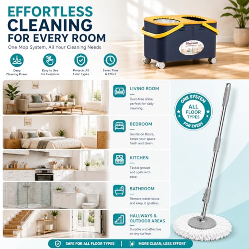 Compact Spin Mop and Bucket with Clean & Dirty Water System, Floor Mop with 360° Swivel Wheels, 61" Handle, 6 Reusable Mop Heads for for Wood, Tile, Vinyl, Baseboards- Blue/Yellow - size: Spin Mop Bucket + 6 Extra Refill
