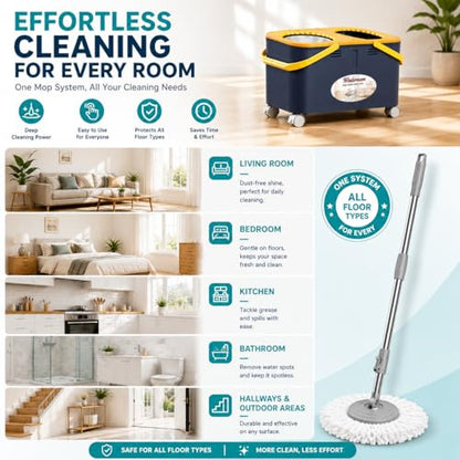 Compact Spin Mop and Bucket with Clean & Dirty Water System, Floor Mop with 360° Swivel Wheels, 61" Handle, 6 Reusable Mop Heads for for Wood, Tile, Vinyl, Baseboards- Blue/Yellow - size: Spin Mop Bucket + 6 Extra Refill