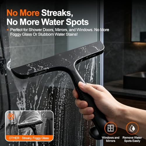 Window Squeegee for Shower Doors, Bathroom, Mirror, Black | Non-Slip Grip Handle with built-in hanging hook
