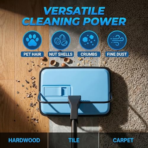 Manual Carpet Sweeper, Electric-Free Quiet Floor Sweeper with 300ml Easy-Empty Dustbin, 6.7” Cleaning Width for Pet Hair, Crumbs, Dust on Carpets, Hardwood, Tile - Home & Office Use (Blue) - color: Blue