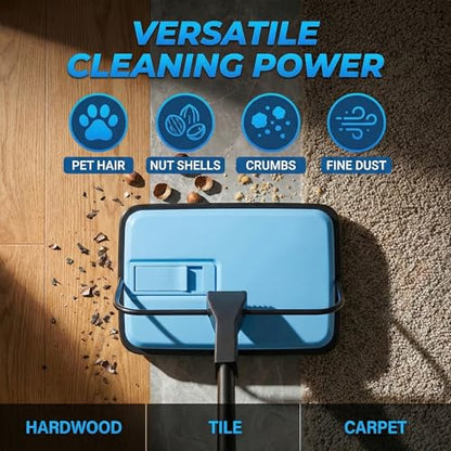 Manual Carpet Sweeper, Electric-Free Quiet Floor Sweeper with 300ml Easy-Empty Dustbin, 6.7” Cleaning Width for Pet Hair, Crumbs, Dust on Carpets, Hardwood, Tile - Home & Office Use (Blue) - color: Blue