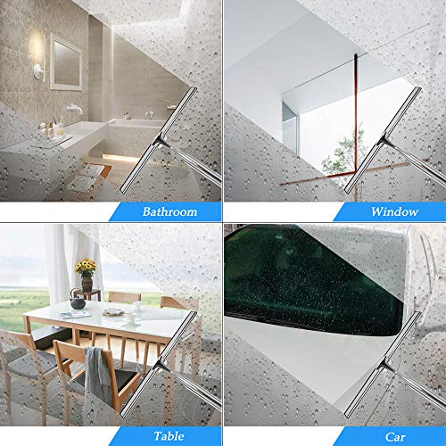 ENEE Shower Squeegee, Stainless Steel Glass Squeegee with Suction Cup Hook Holder, Deluxe Window Wiper Squeegees for Bathroom Glass Door, Mirror, Tiles, Cars (with 1 Extra Silicone Blade)