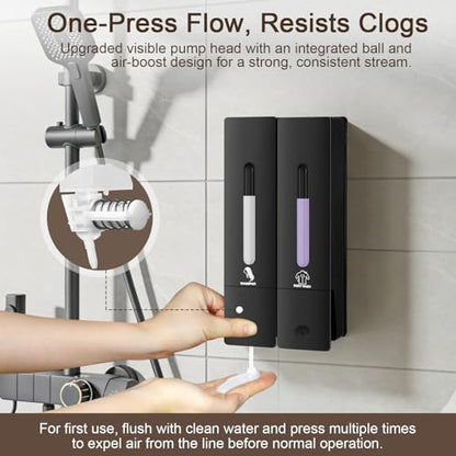 2 Chamber Shampoo and Conditioner Dispenser, No Drill - Wall Mounted Shower Soap Dispenser, Refillable Body Wash Dispenser Set 2, 800ML Capacity, for Bathroom & Hotel, Black - color: Black Set of 2