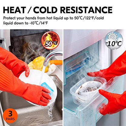 Vgo... 3-Pairs Dishwashing Gloves, Reusable Household Gloves, Long Sleeve, Thick Latex, Cleaning, Washing, Working, Painting, Gardening, Pet Care (Size M, Red, RB2143) - size: Medium