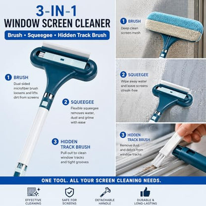 3 in 1 Window Screen Cleaner, Mesh Window Screen Cleaning Brush with Squeegee, Multi-Purpose Tool for Patio, Door and Porch Screens (Blue)