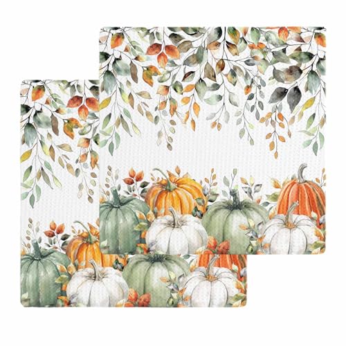 Fall Thanksgiving Pumpkin Eucalyptus Dish Towels Set,Waffle Weave Kitchen Towels 2 Pieces,Sage Green Orange White Microfiber Hair Bath Tea Towel Absorbent Quick Drying Cleaning Dish Cloths,12"x12" - color: Sage Green Pumpkin Orange White, size: 2PCS,12"x1