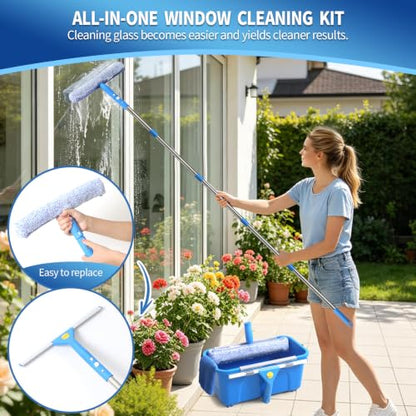 Creatyi 11PCS Window Cleaning Kit Washing Tool, Bucket 3 Gallon, 76 inch Long Handle Window Squeegee and Microfiber Scrubber,Equipped with Replaceable Squeegee and Scrubber for Home Business Use