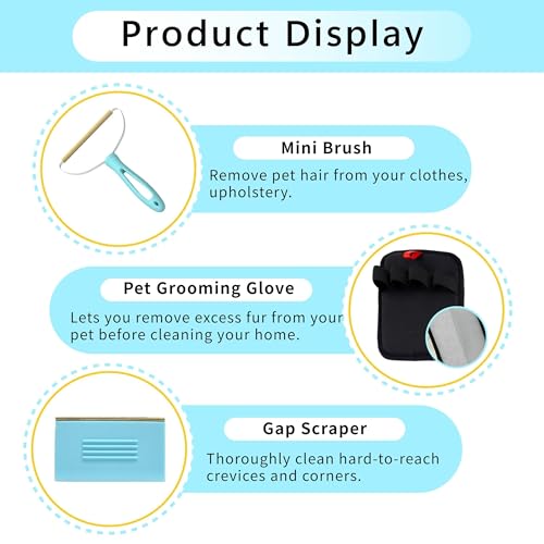 Lazyfeel Pet Hair Remover for Carpet & Upholstery, Adjustable Handle | Double-Sided Rubber Carpet Rake for Dog & Cat Fur. 4-Piece Kit: Rake, Mini Brush, Gap Scraper, Grooming Glove. Reusable.