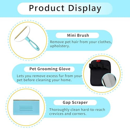 Lazyfeel Pet Hair Remover for Carpet & Upholstery, Adjustable Handle | Double-Sided Rubber Carpet Rake for Dog & Cat Fur. 4-Piece Kit: Rake, Mini Brush, Gap Scraper, Grooming Glove. Reusable.