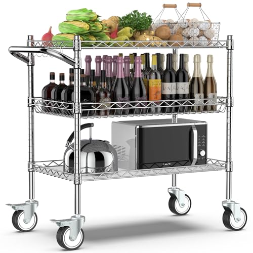 Leteuke 3 Tier Rolling Carts with Wheels, Heavy Duty Rolling Utility Cart,NSF Commercial Grade Metal Cart with Handle&Shelf Liner,Trolley Serving Cart for Kitchen,Restaurant,Plant Display,Chrome - color: Matte Chrome