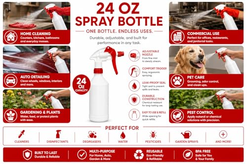 Plastic Spray Bottle, 2 Pack, 24 Oz with Adjustable Nozzle, Heavy Duty Leak Proof Mist Empty Water Bottle Sprayer for Cleaning, Chemicals, Hair, Planting & All-Purpose Use (Red) - color: Red
