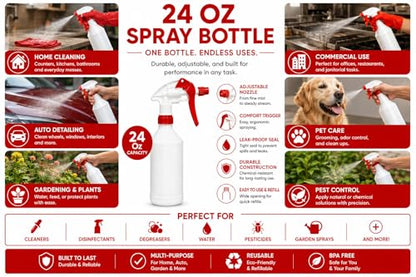 Plastic Spray Bottle, 2 Pack, 24 Oz with Adjustable Nozzle, Heavy Duty Leak Proof Mist Empty Water Bottle Sprayer for Cleaning, Chemicals, Hair, Planting & All-Purpose Use (Red) - color: Red
