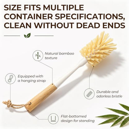 2 Pack Bamboo Bottle Brush - 11.4” Long Handle Water Bottle Cleaner Brush with Odorless Nylon Bristle, Bottle Scrubber Brush for Cleaning Mug, Glass, Sports Bottle