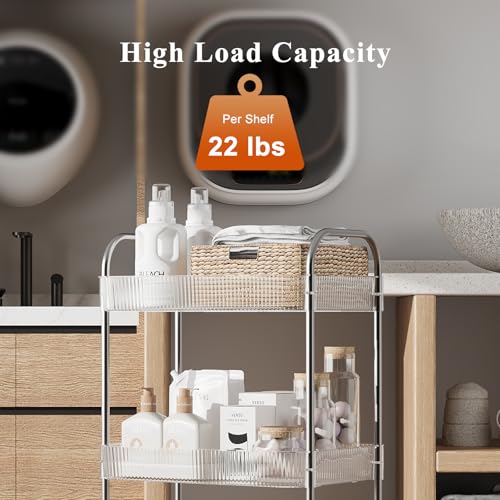 STARLATTA 3 Tier Rolling Cart with Lockable Wheels, Clear Acrylic Utility Trolley with Handle, Heavy-Duty Storage Organizer for Kitchen Bathroom Nursery Laundry - Snack Book Craft Organizer (Clear)