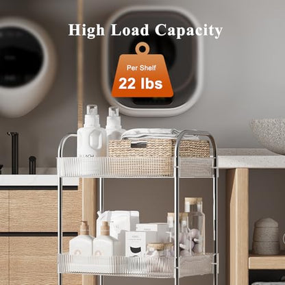 STARLATTA 3 Tier Rolling Cart with Lockable Wheels, Clear Acrylic Utility Trolley with Handle, Heavy-Duty Storage Organizer for Kitchen Bathroom Nursery Laundry - Snack Book Craft Organizer (Clear)