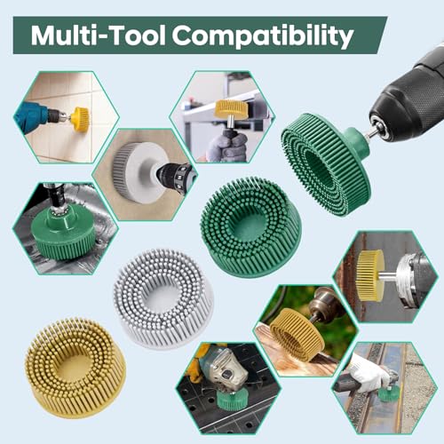 3Pcs Bristle Disc 2 Inch Gasket Remover Wheel Tool - 50#, 80#, 120# Size, White & Yellow & Green Bristle Brush Cleaning Disc with 1/4 Shank Attachment Abrasive Coating Discs