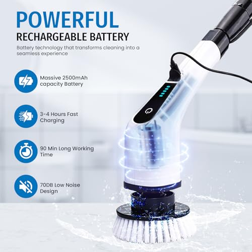 Electric Spin Scrubber, Cordless Scrubber with 7 Replaceable Cleaning Brushes and Dual Speed, Shower Cleaning Brush, Power Scrubber with Adjustable & Detachable Handle for Cars Bathroom Kitchen