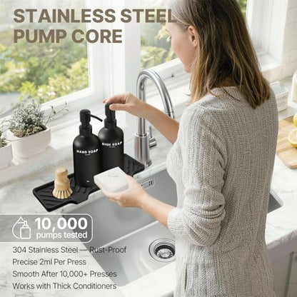 Kitchen Soap Dispenser Set, Kitchen Sink Organizer with Self Draining Silicone Tray, 2 x 17oz Glass Soap Dispensers, Stainless Steel Pumps, Bamboo Brush & Sisal Sponge - Black - color: Black Bottle + Black Pump