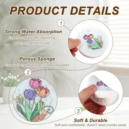 uxcell 6Pcs Cellulose Sponges, Round Kitchen Clean Sponges Non-Scratch Compressed Dish Scrubber with Floral Pattern for Kitchen Household Cookware Bathroom Cleaning & DIY, Light Blue - color: Light Blue