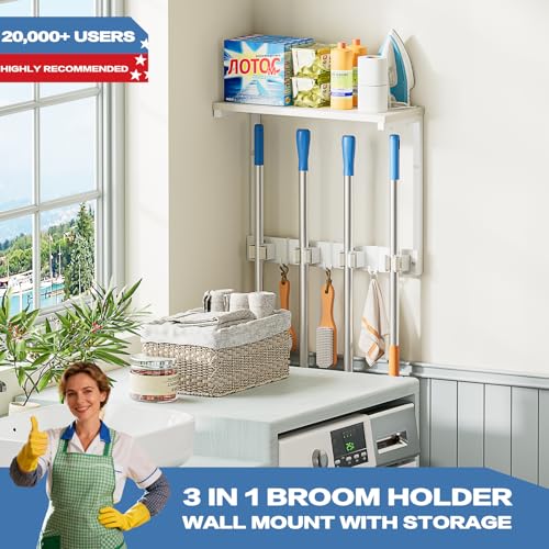 Olakee Broom Holder Wall Mount with Cleaning Supplies Organizer, Laundry Room Organization and Storage Shelves, Mop Hanger Rack with Hooks, Utility Shelf Closet Organizer for Garage Home Improvement - size: Small