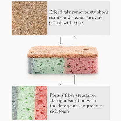 Double Sided Multi-Purpose Kitchen Cleaning Sponge, Great for Dishwashing and Stain Removal, Absorbent, Durable Coconut Fiber Side and Soft Sponge Side 5 Pcs Brown - color: Brown