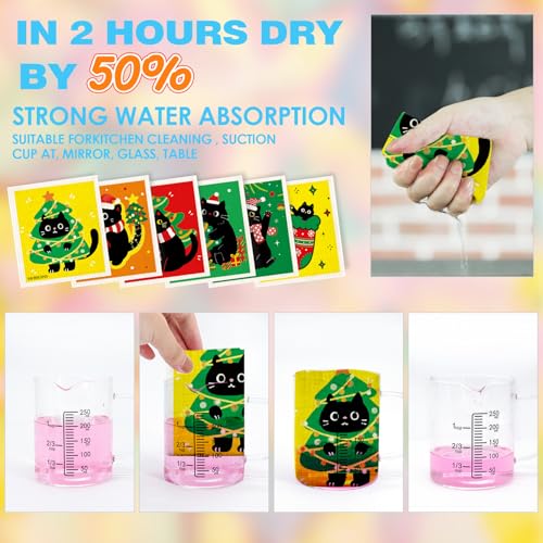 Colorful Christmas Black Cat Swedish Kitchen Towel Winter Snowflake Christmas Bell Absorbent Hand Towel Reusable Quick-Dry Kitchen Cleaning Cloth Cellulose Sponge Cloth 6-Piece Set