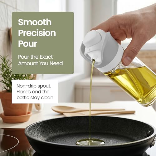 Olive Oil Dispenser for Kitchen 2-in-1 Pour and Spray | 11.5 oz / 340 ml | Glass Olive Oil Sprayer for Cooking, Airfryer, Salad & BBQ | Set of 2 Bottles, White - color: White