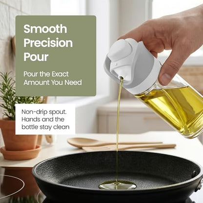 Olive Oil Dispenser for Kitchen 2-in-1 Pour and Spray | 11.5 oz / 340 ml | Glass Olive Oil Sprayer for Cooking, Airfryer, Salad & BBQ | Set of 2 Bottles, White - color: White