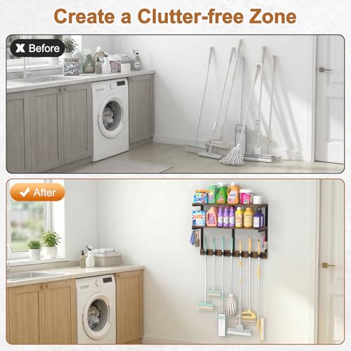 Housolution 2 Tier Broom Holder Wall Mount with Cleaning Supplies Organizer, 100 LBS High Load-Bearing Laundry Room Storage Shelves, Multifunctional Mop Hanger Rack with 7 Grippers & 8 Hooks - size: 7 Grippers with 2 Tier Shelf