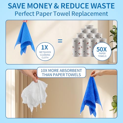 WETQUEEN Upgrade 60 Pack Microfiber Cleaning Cloth Roll - 11.8" x 11.8" Bubbled Reusable Rag for House, Kitchen, Car & Window - Tear Away Dish Rags & Wipe - 1 Roll Replaces 50 Paper Towels - Blue